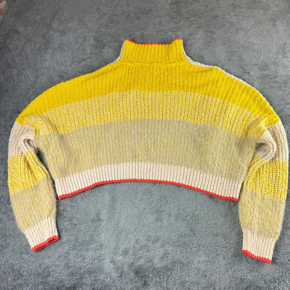 Free People Yellow Striped Cropped Mock Neck Chunky Knit Sweater Small - Picture 8 of 11
